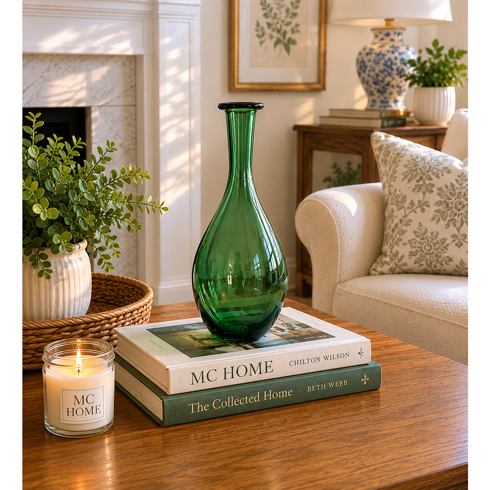 Vintage Hand Blown Green Blenko Style Vase Art Glass